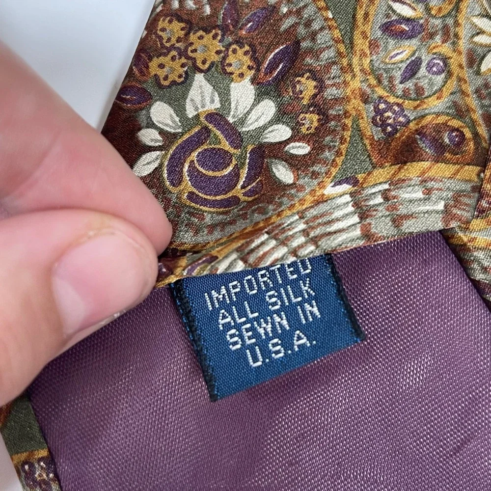 Vintage Allen Solly Silk Necktie Tie Green Purple Paisley Floral Medallion Print